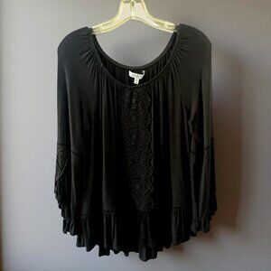 Fever | Black | Ruffled | Crochet Front | Bohemian | Tunic Length Top | Size M